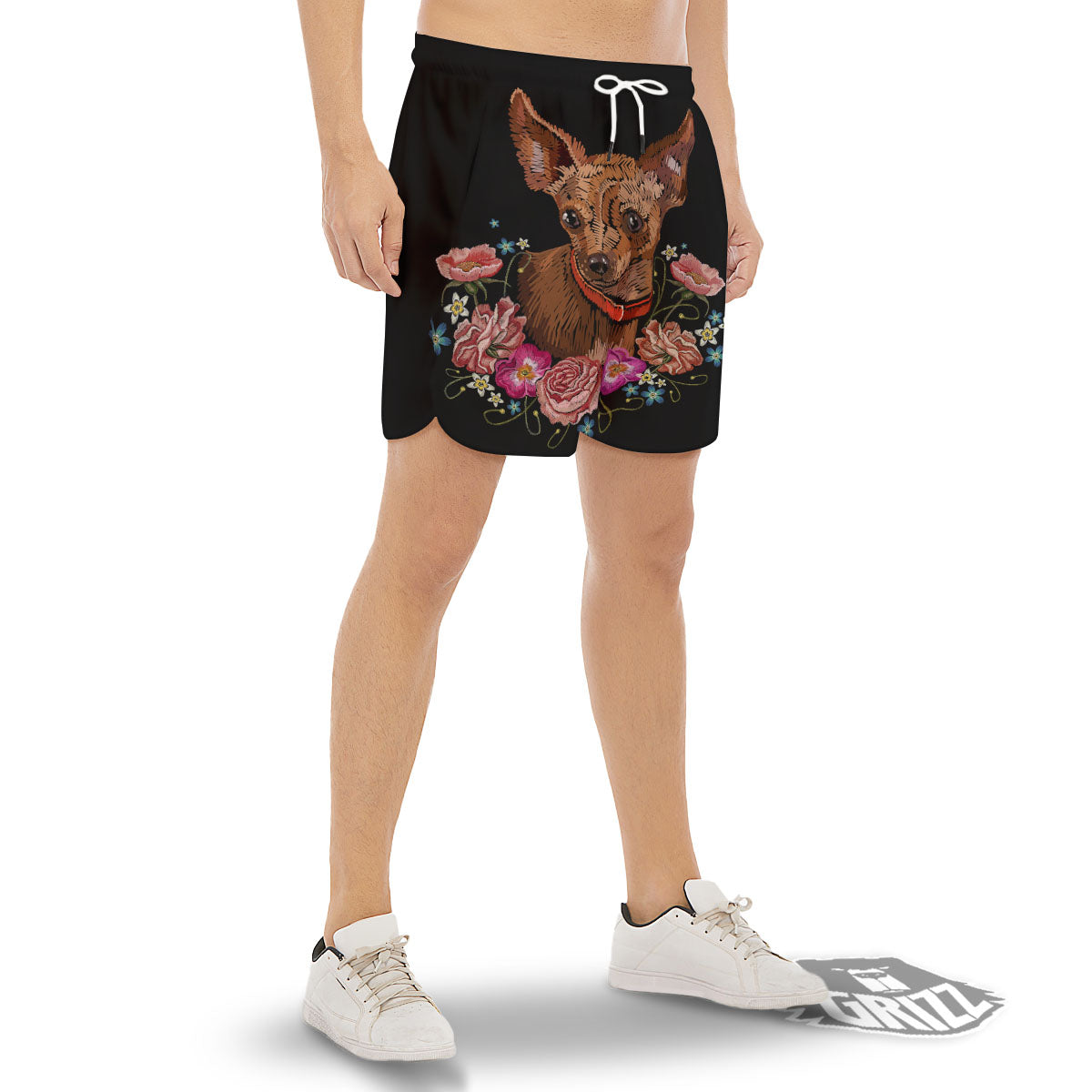 Flower And Chihuahua Embroidery Print Men's Gym Shorts-grizzshop
