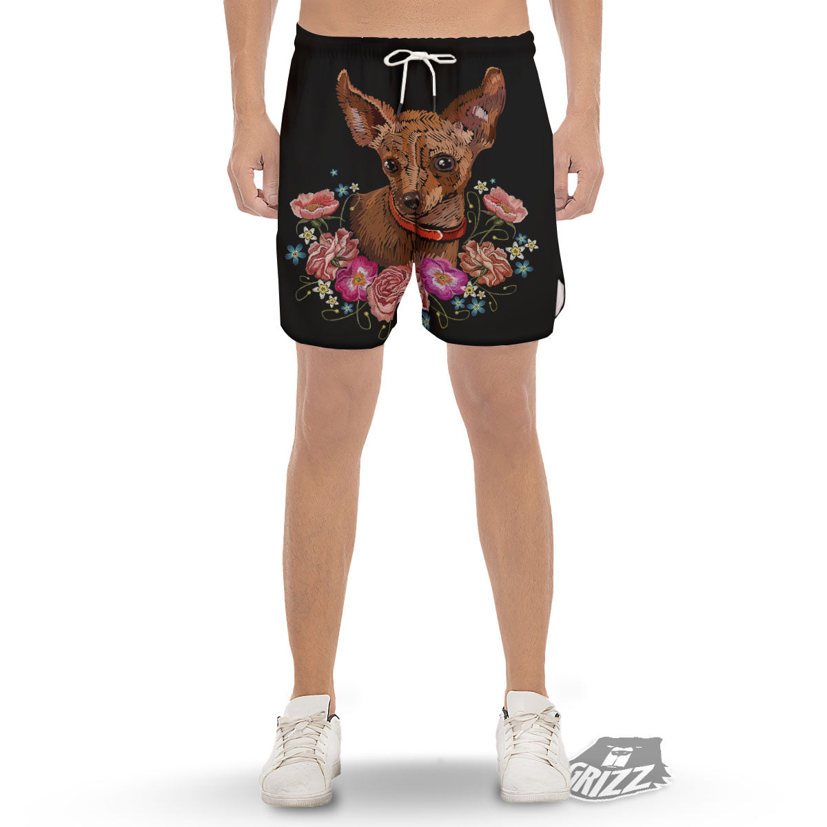 Flower And Chihuahua Embroidery Print Men's Gym Shorts-grizzshop