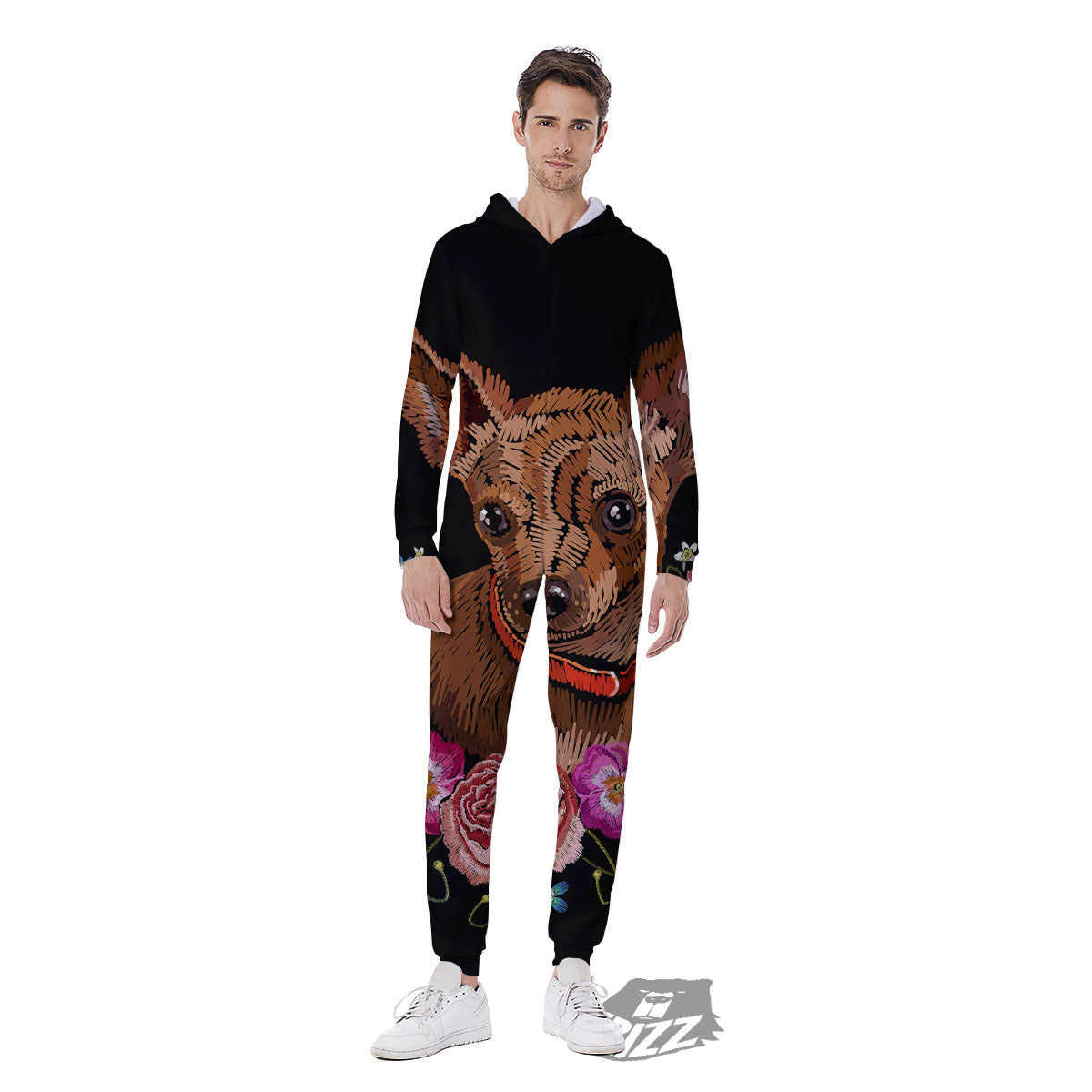 Flower And Chihuahua Embroidery Print Men's Jumpsuit-grizzshop