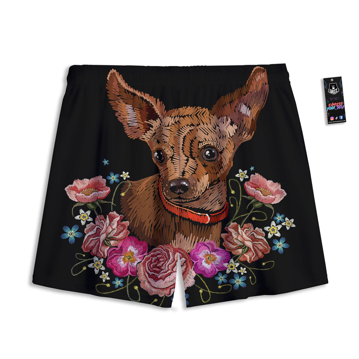 Flower And Chihuahua Embroidery Print Mesh Shorts