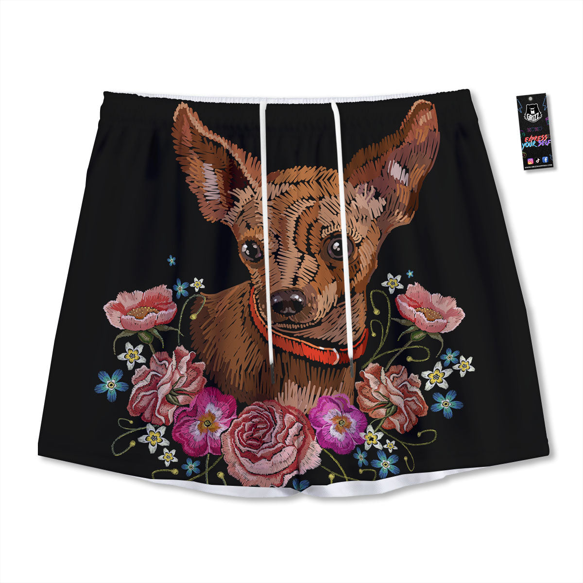 Flower And Chihuahua Embroidery Print Mesh Shorts