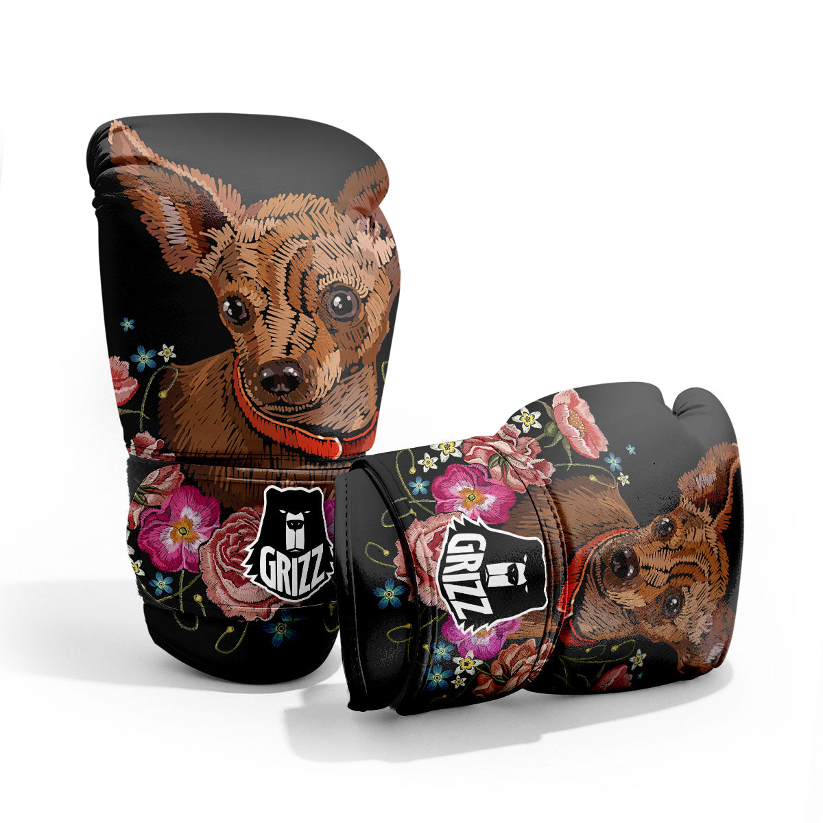 Flower And Chihuahua Embroidery Print Pro Boxing Glove