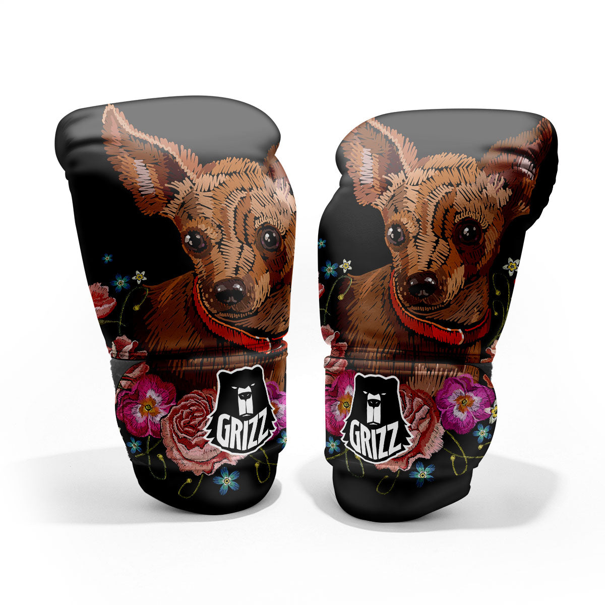 Flower And Chihuahua Embroidery Print Pro Boxing Glove