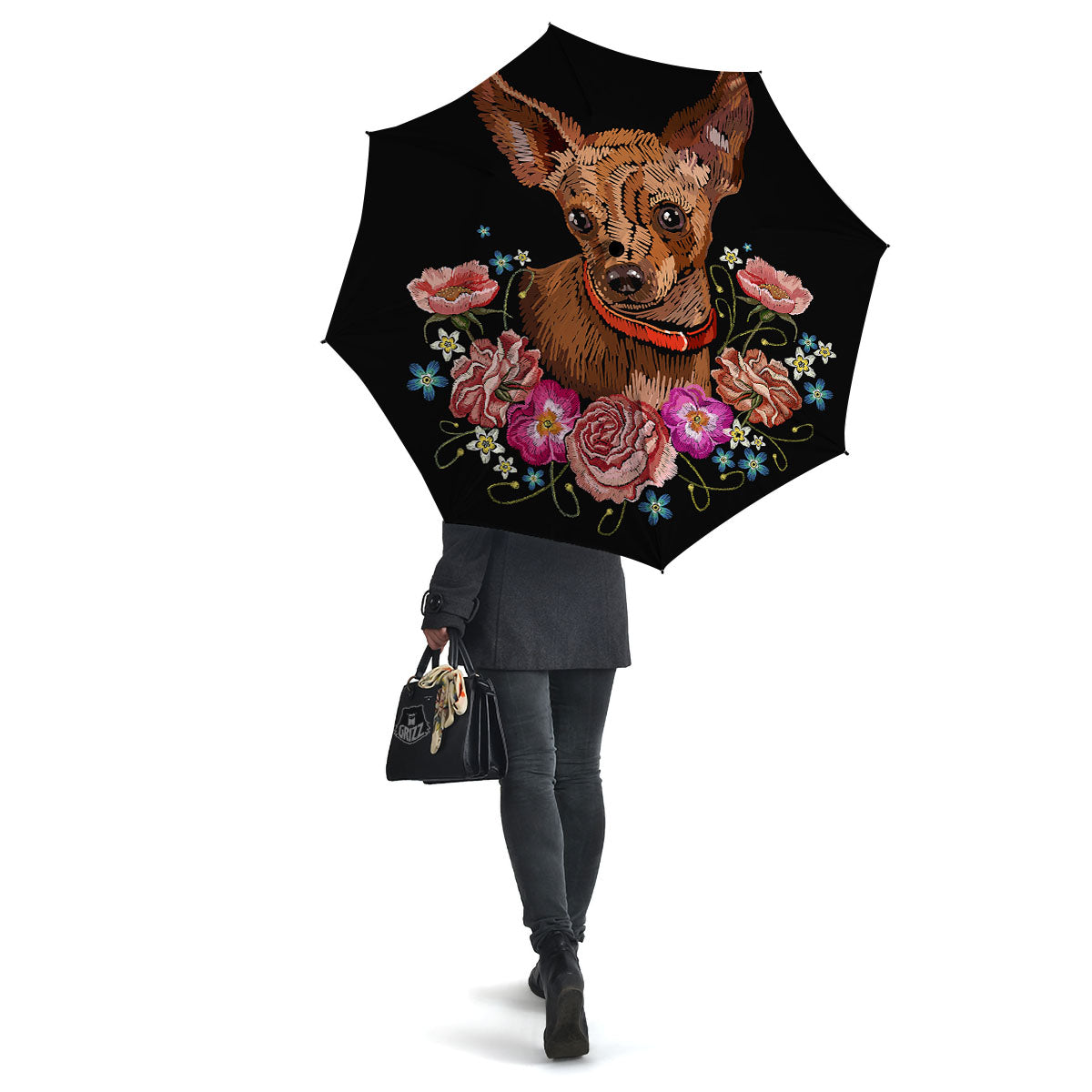 Flower And Chihuahua Embroidery Print Umbrella-grizzshop