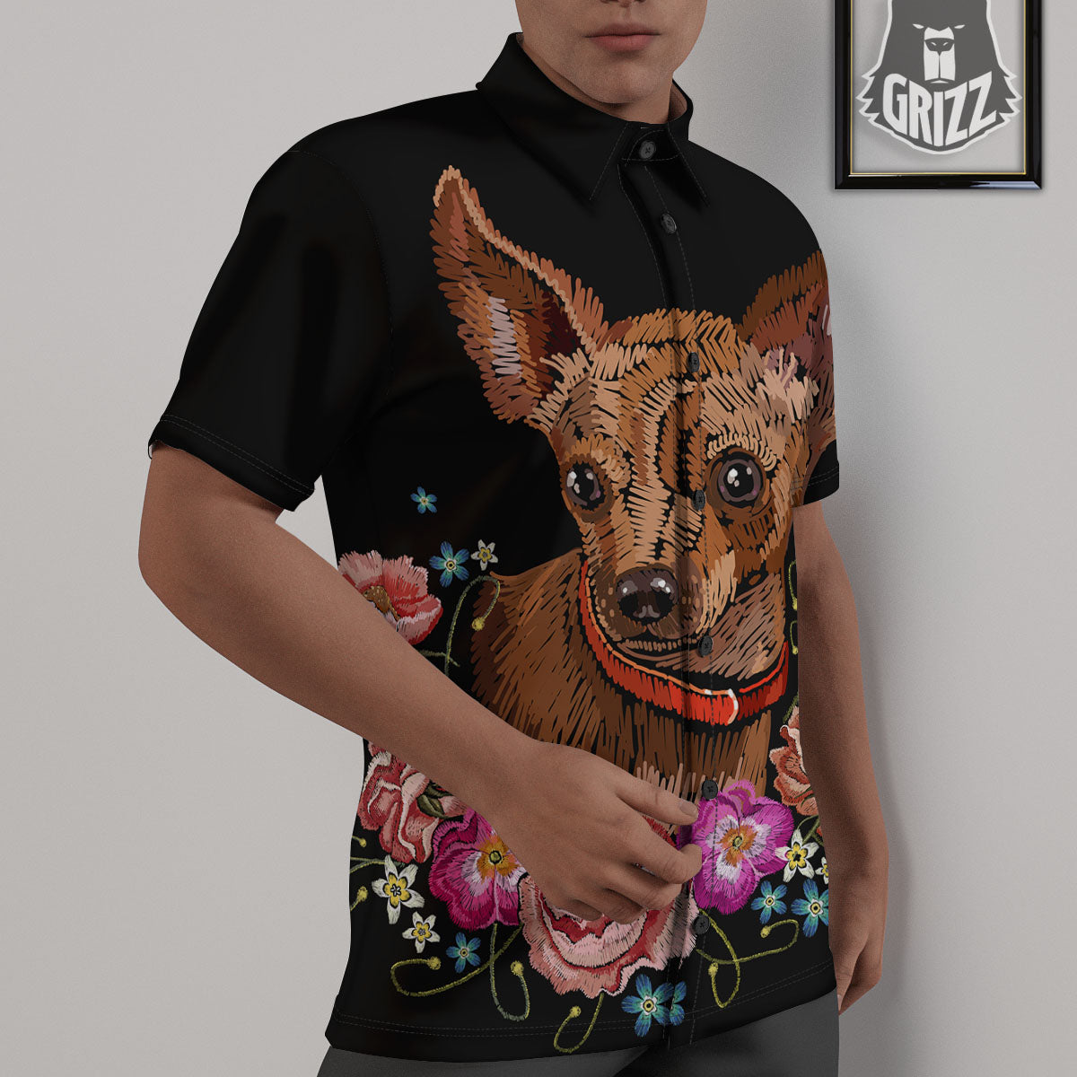 Flower And Chihuahua Embroidery Print Untucked Shirts-grizzshop