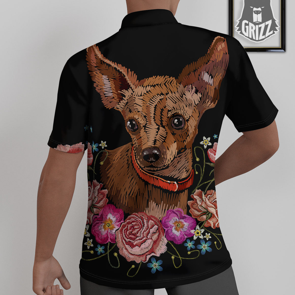Flower And Chihuahua Embroidery Print Untucked Shirts-grizzshop