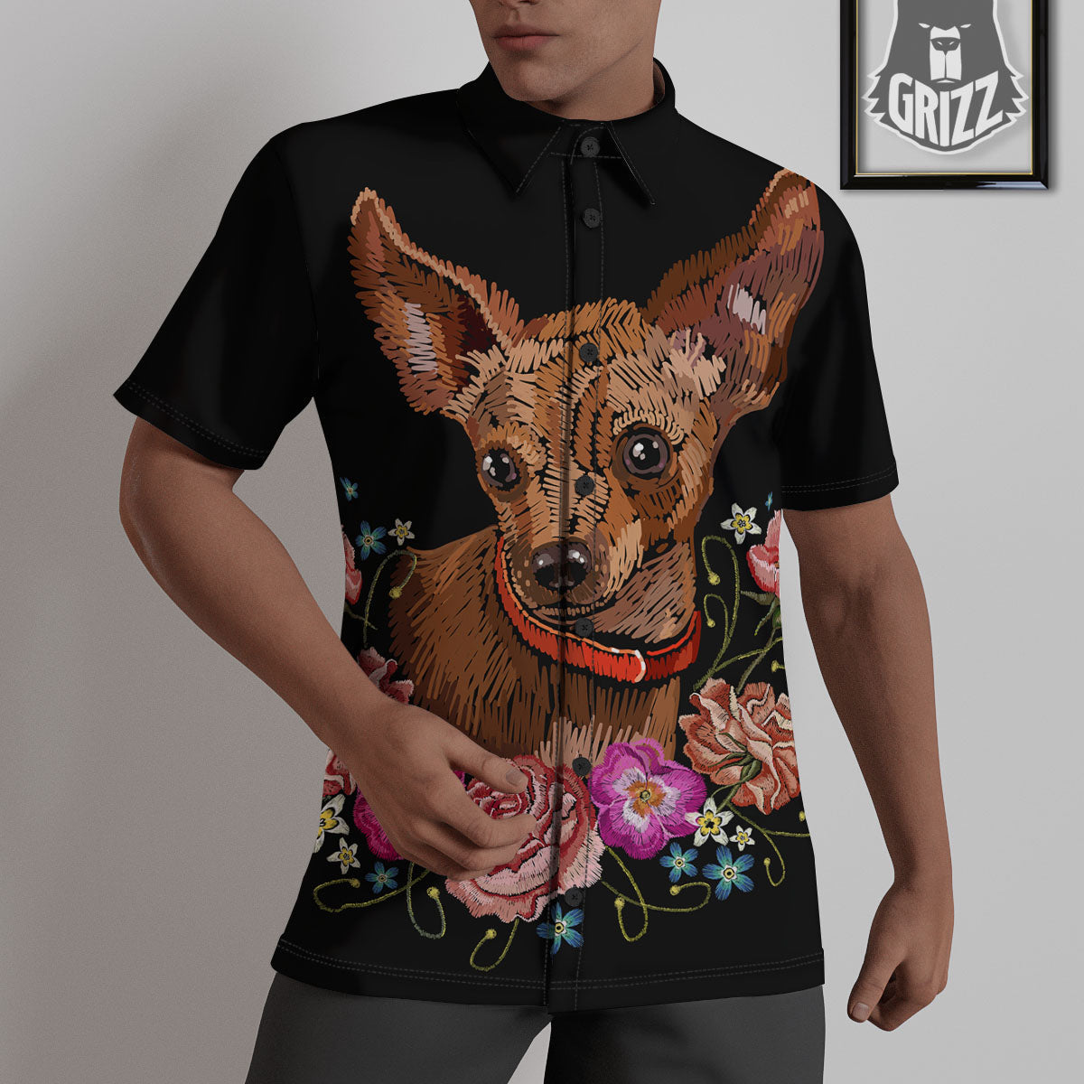 Flower And Chihuahua Embroidery Print Untucked Shirts-grizzshop