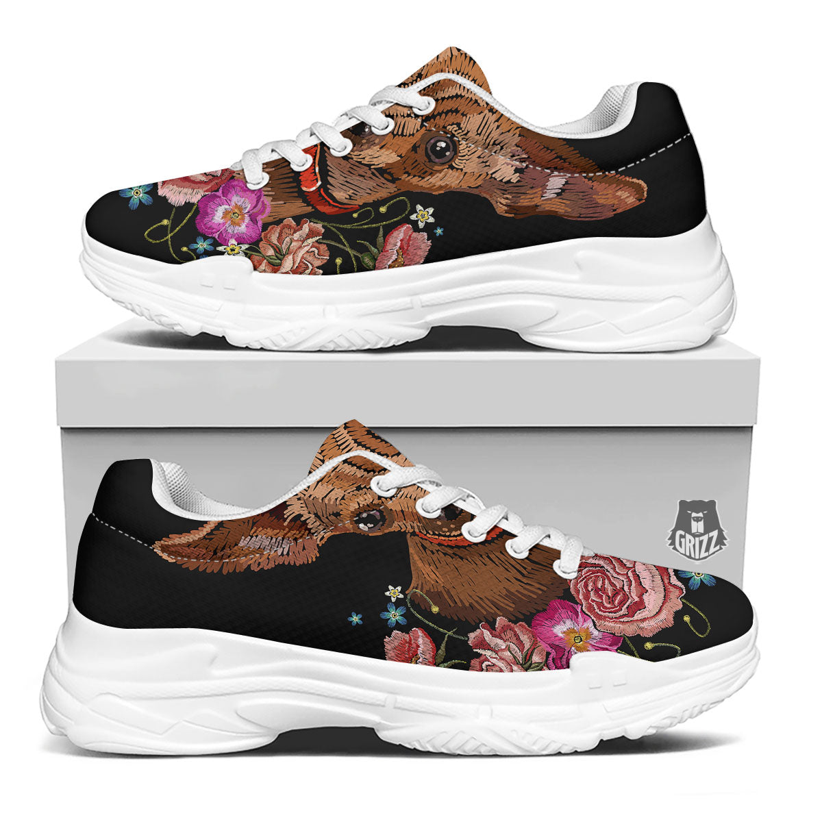 Flower And Chihuahua Embroidery Print White Chunky Shoes-grizzshop