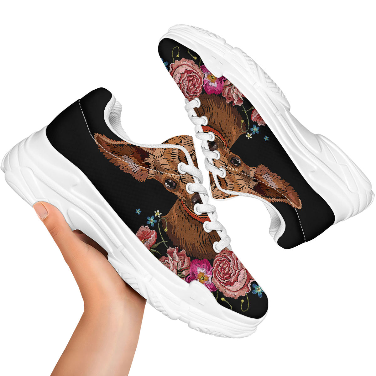 Flower And Chihuahua Embroidery Print White Chunky Shoes-grizzshop