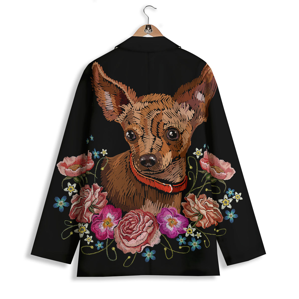 Flower And Chihuahua Embroidery Print Women's Blazer-grizzshop