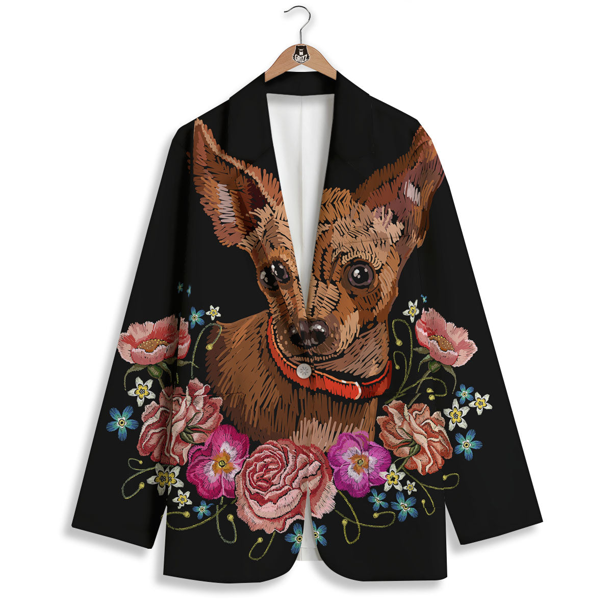 Flower And Chihuahua Embroidery Print Women's Blazer-grizzshop