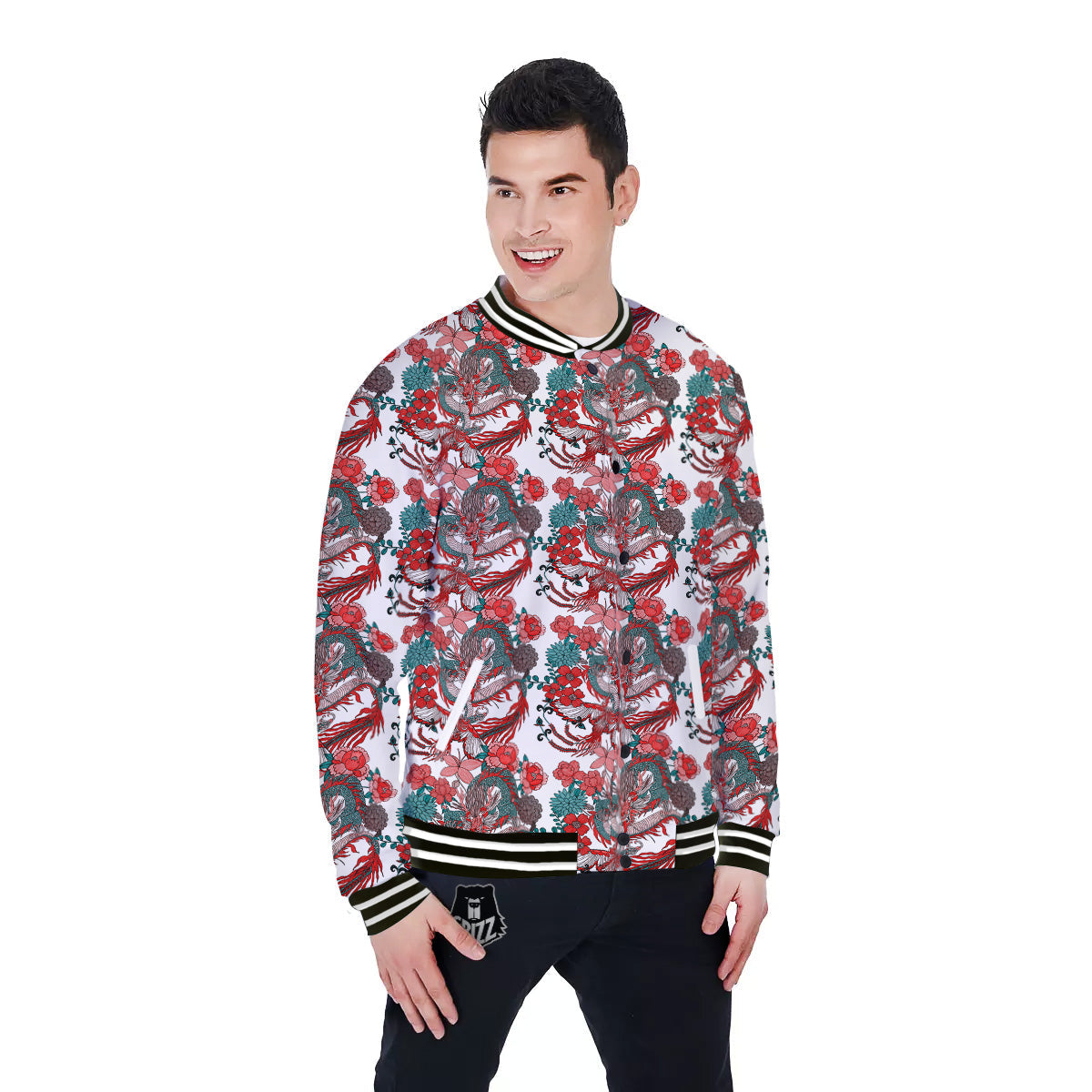 Flower And Chinese Dragon Print Pattern Baseball Jacket-grizzshop