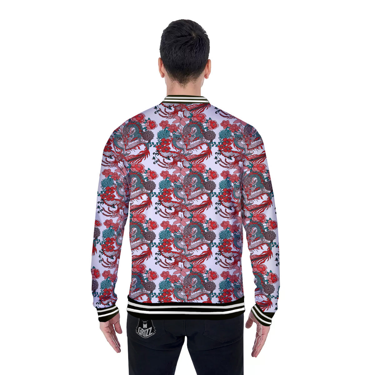 Flower And Chinese Dragon Print Pattern Baseball Jacket-grizzshop