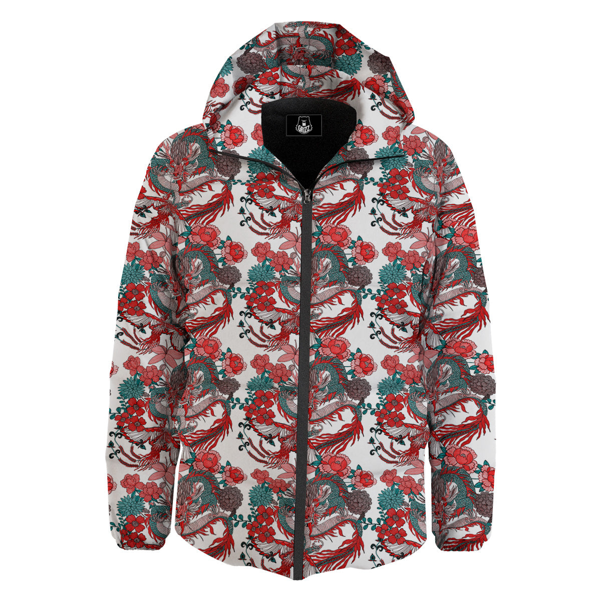 Flower And Chinese Dragon Print Pattern Down Jacket-grizzshop