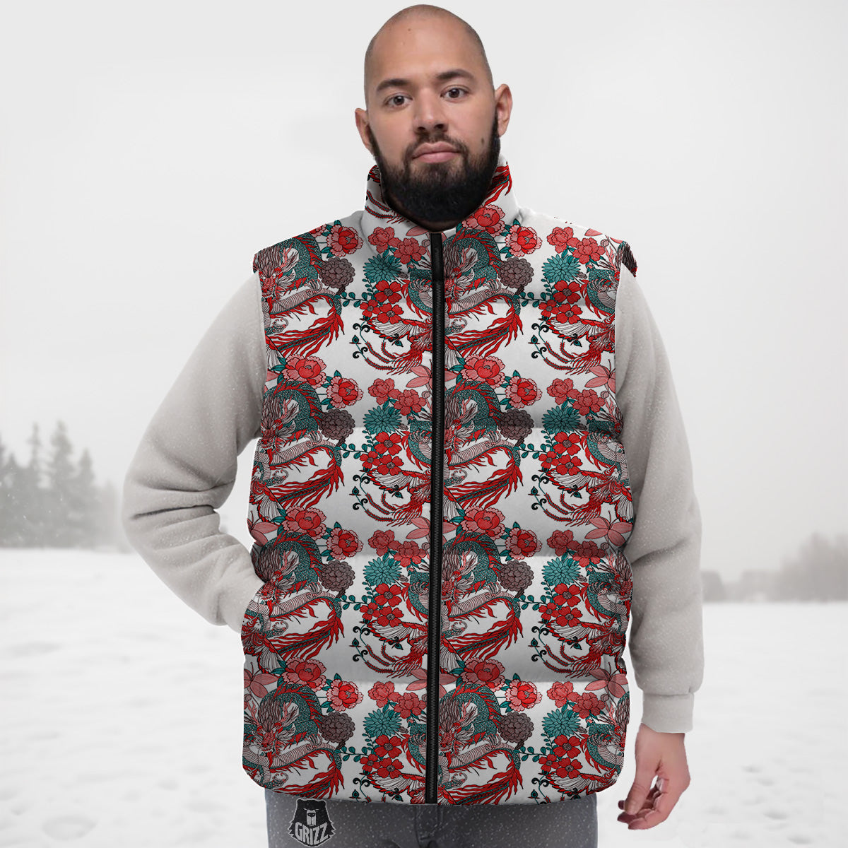 Flower And Chinese Dragon Print Pattern Down Vest-grizzshop