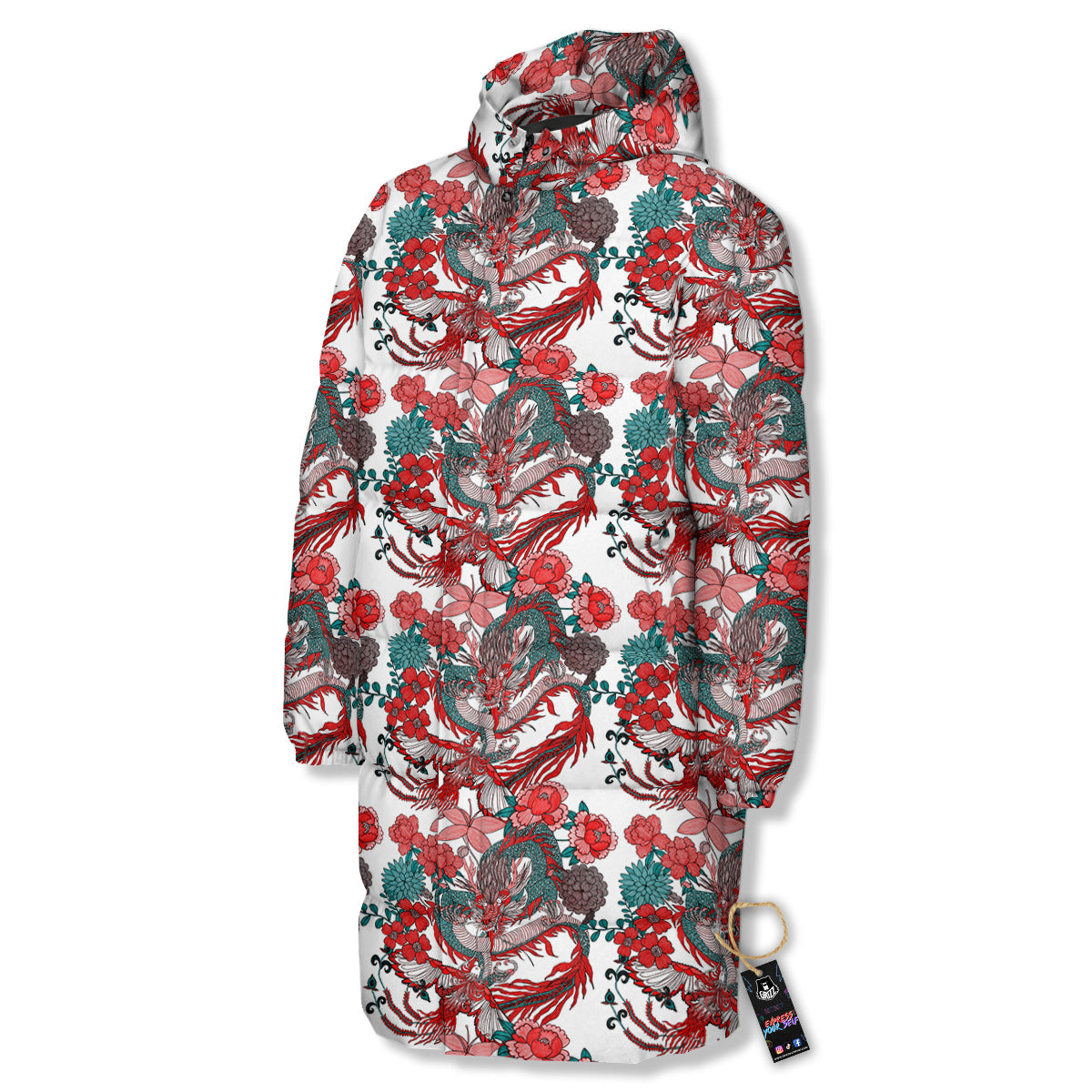 Flower And Chinese Dragon Print Pattern Long Down Jacket-grizzshop