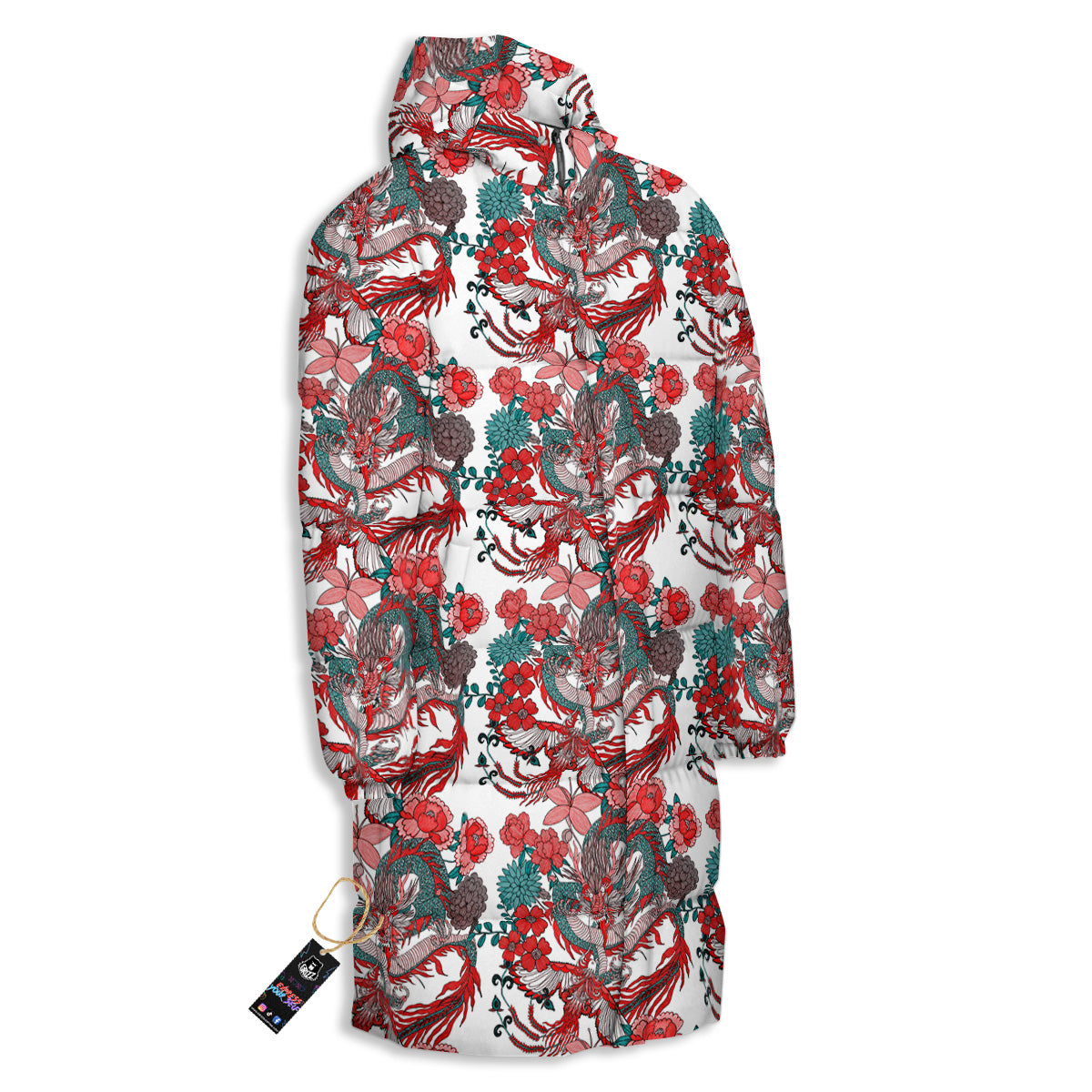 Flower And Chinese Dragon Print Pattern Long Down Jacket-grizzshop