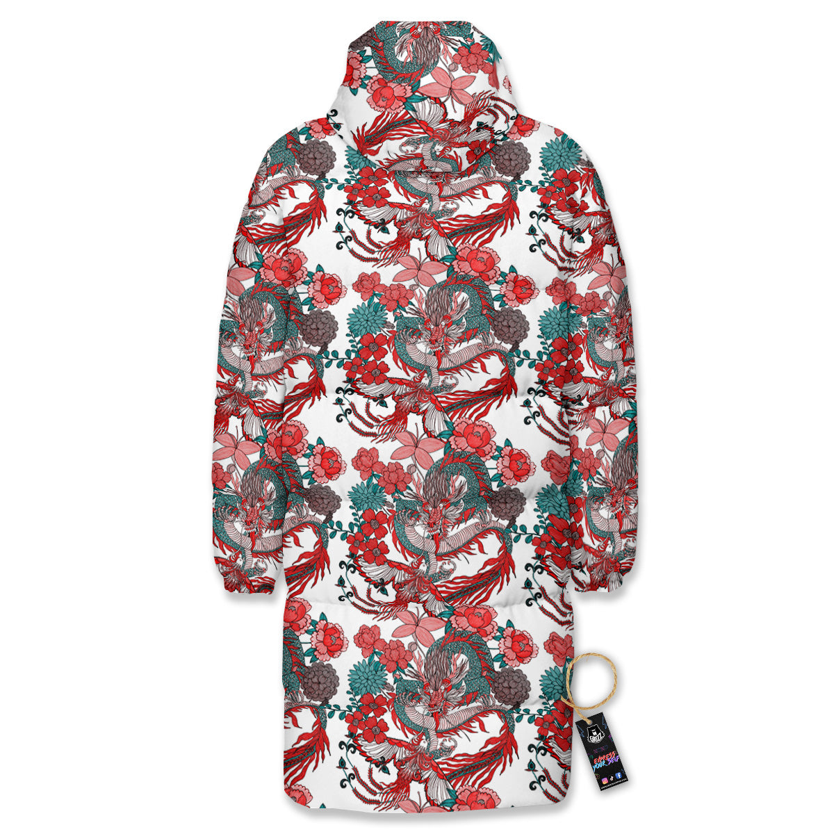 Flower And Chinese Dragon Print Pattern Long Down Jacket-grizzshop