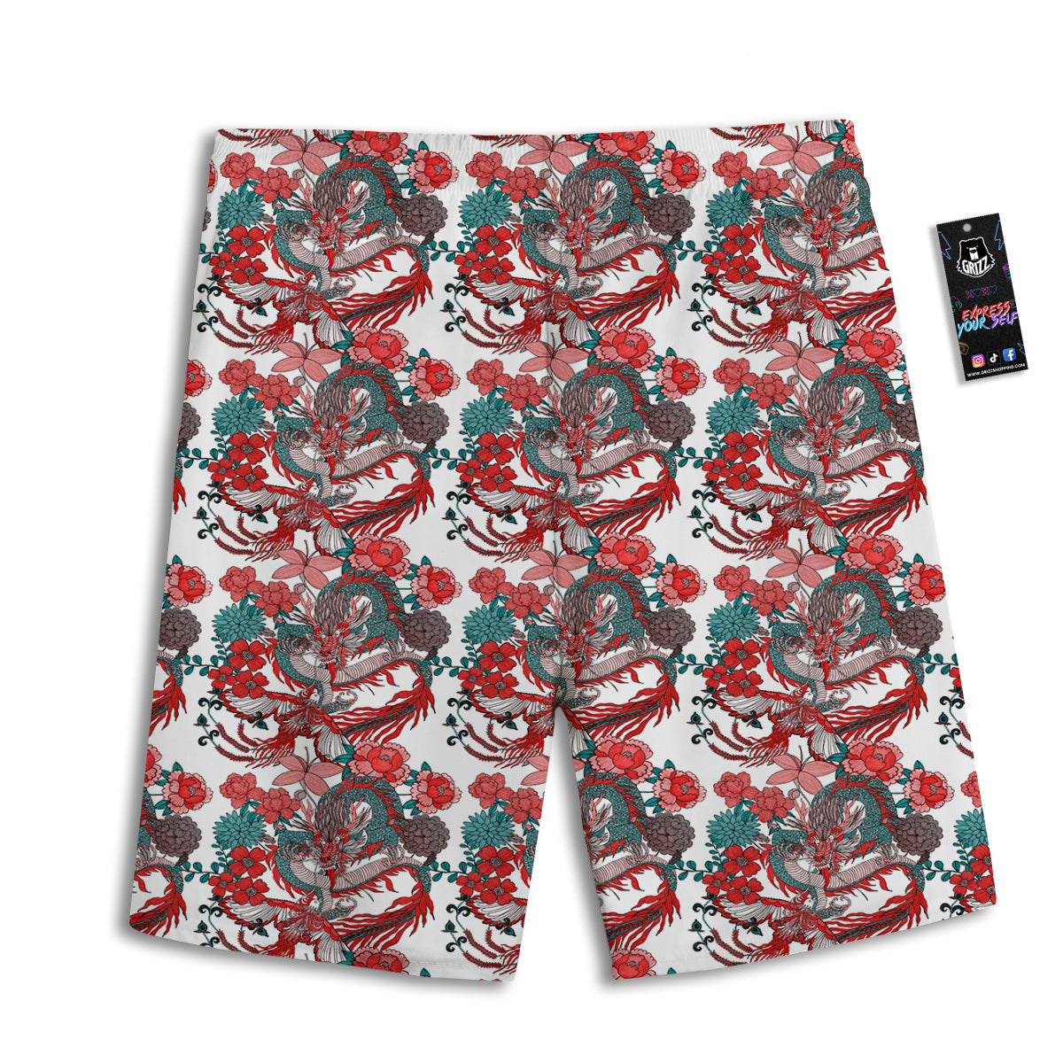 Flower And Chinese Dragon Print Pattern Men's Athletic Shorts-grizzshop