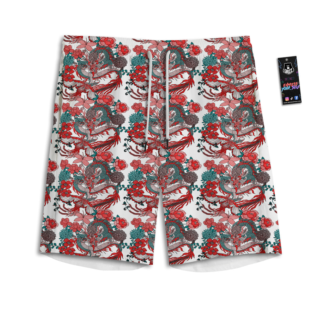 Flower And Chinese Dragon Print Pattern Men's Athletic Shorts-grizzshop