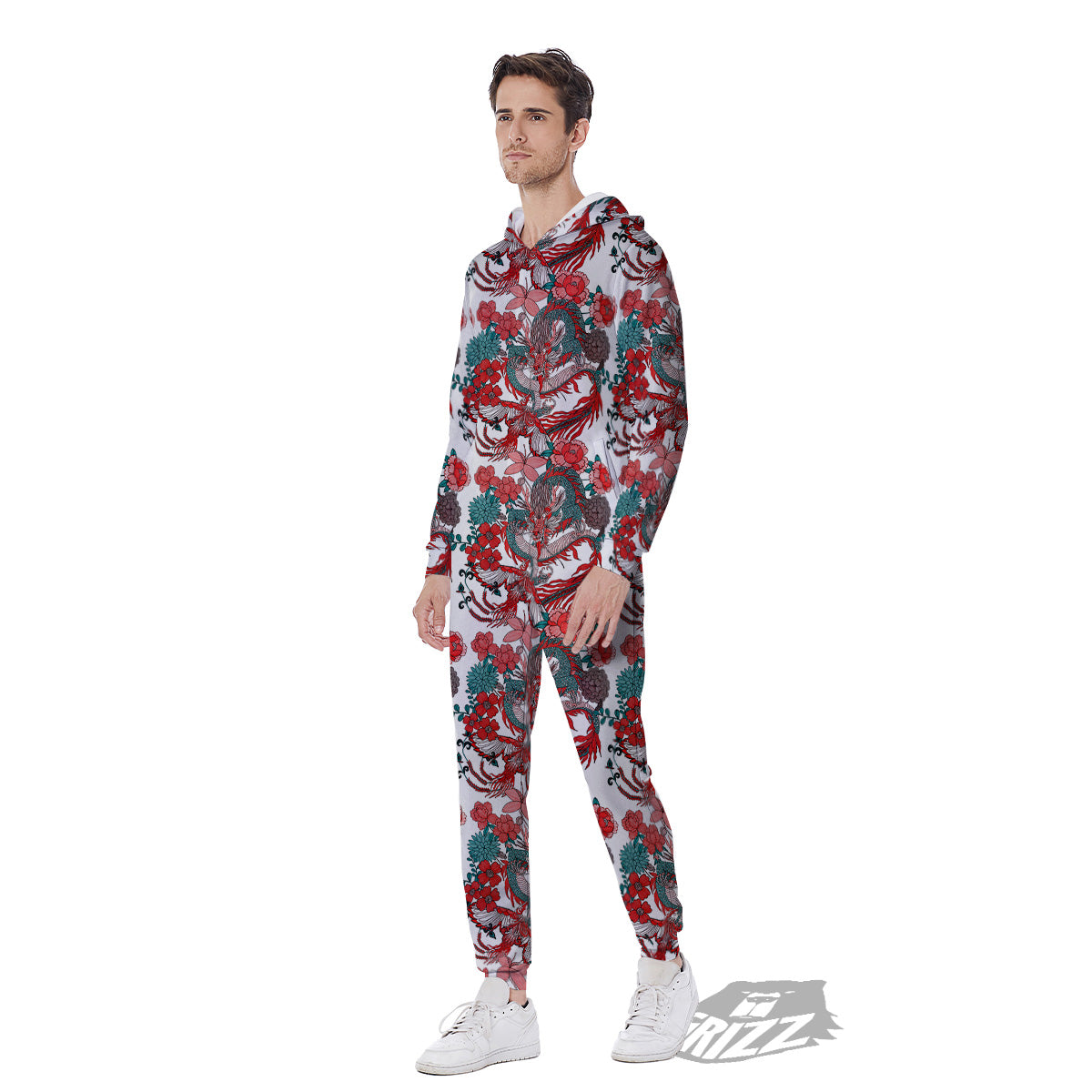 Flower And Chinese Dragon Print Pattern Men's Jumpsuit-grizzshop