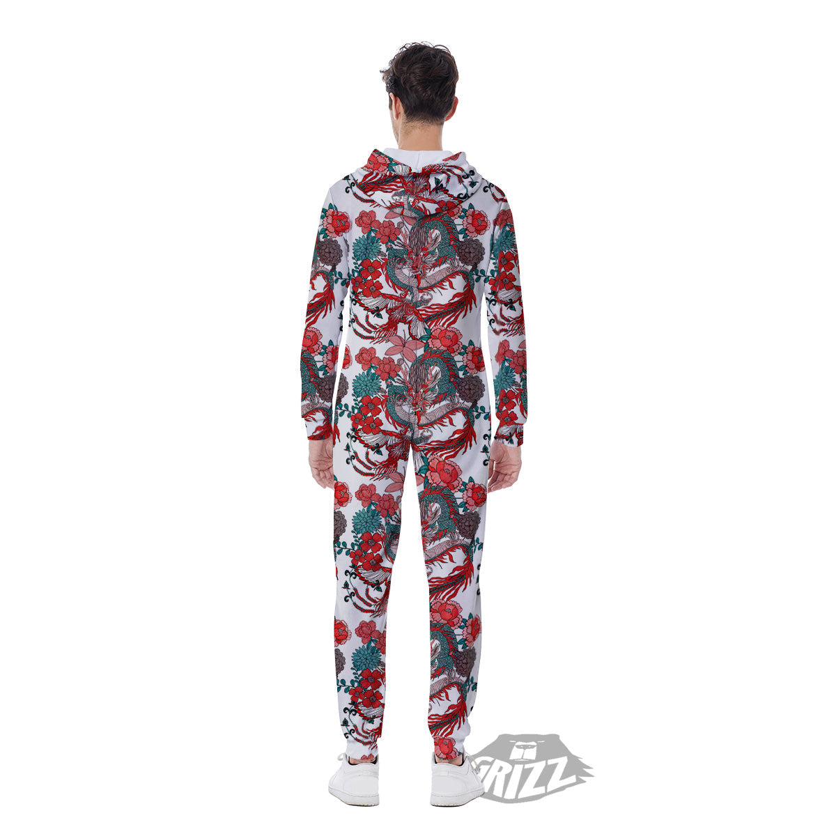 Flower And Chinese Dragon Print Pattern Men's Jumpsuit-grizzshop