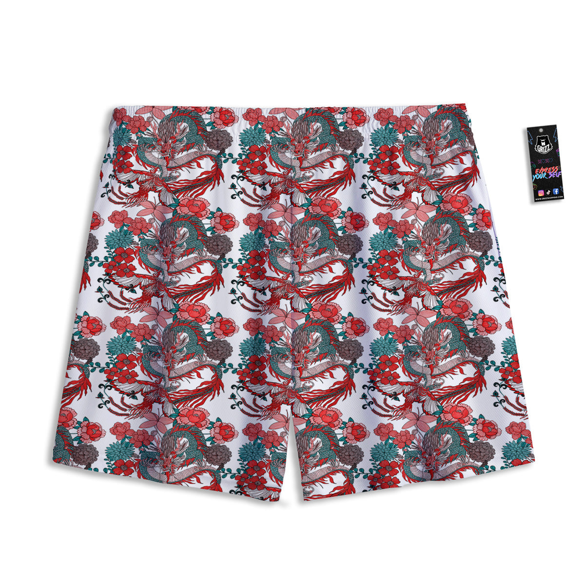 Flower And Chinese Dragon Print Pattern Mesh Shorts-grizzshop