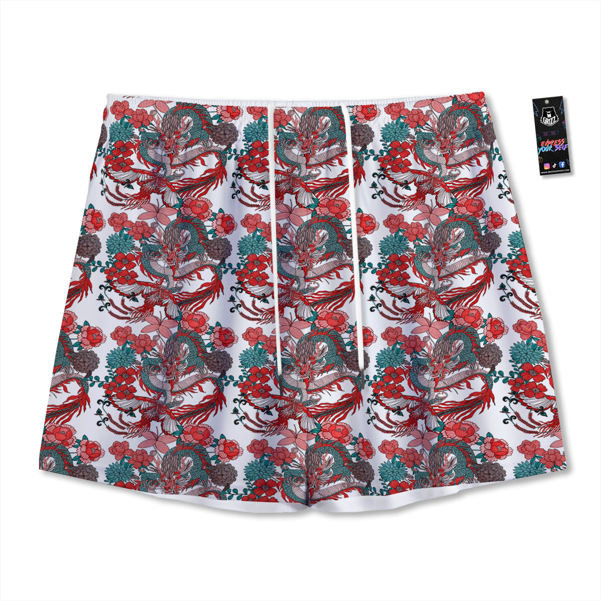 Flower And Chinese Dragon Print Pattern Mesh Shorts-grizzshop