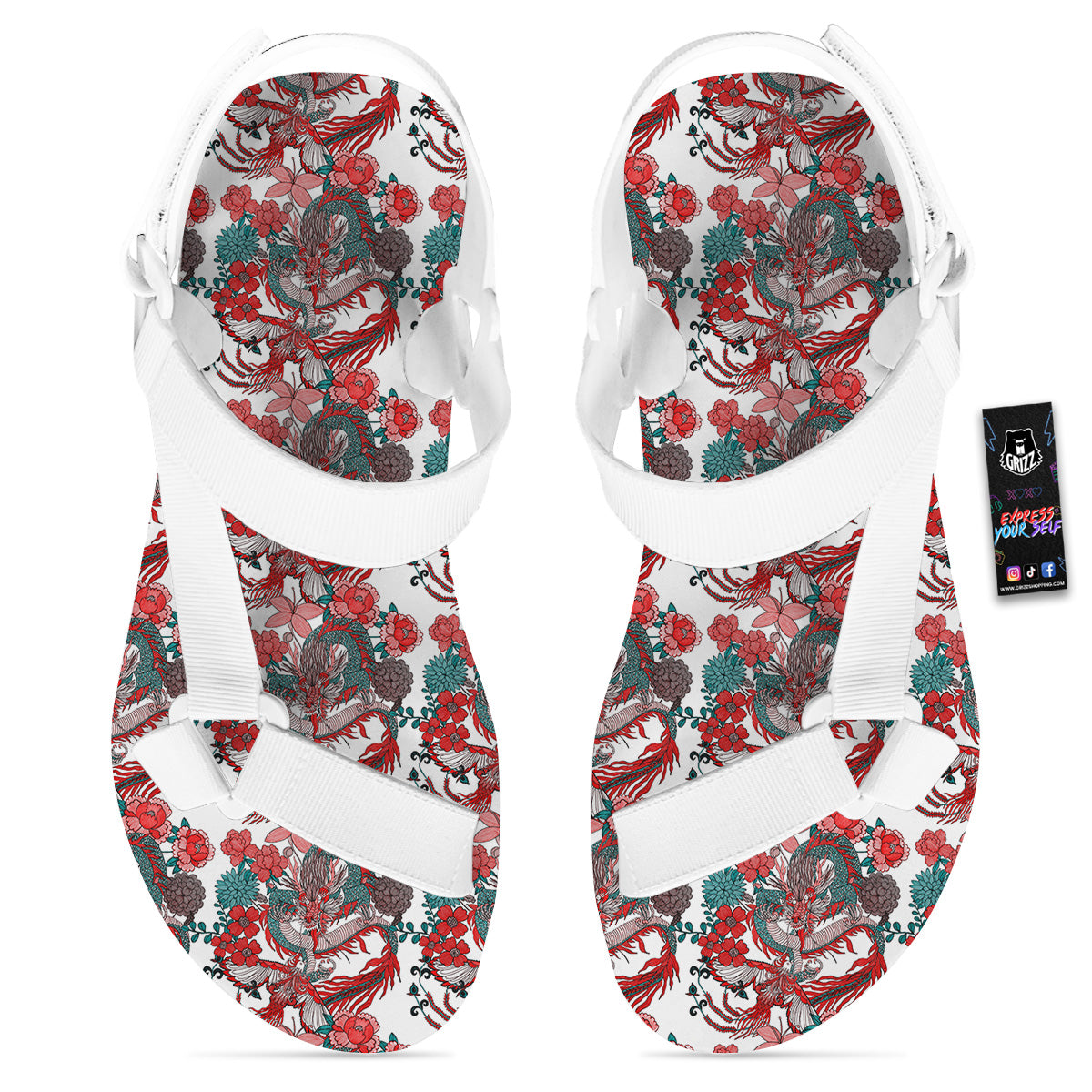 Flower And Chinese Dragon Print Pattern White Open Toe Sandals-grizzshop