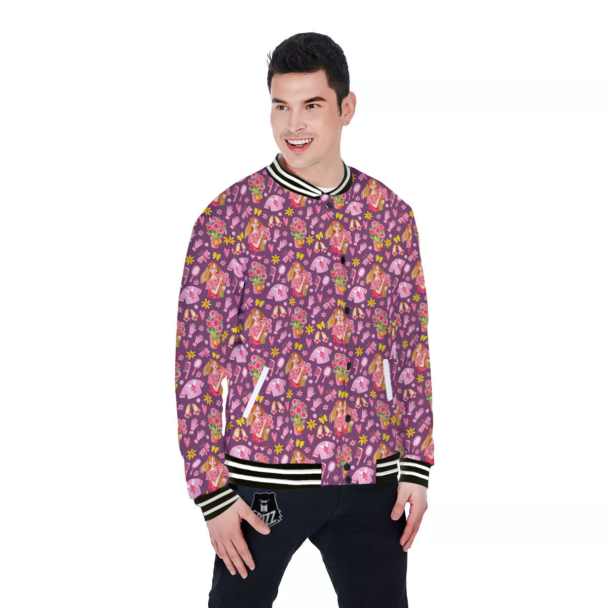 Flower And Girly Print Pattern Baseball Jacket-grizzshop