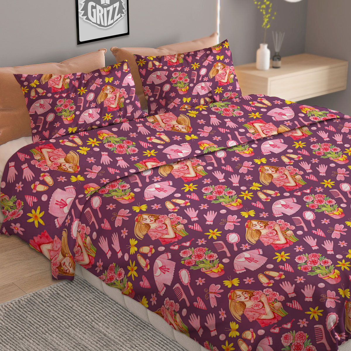 Flower And Girly Print Pattern Duvet Cover Bedding Set-grizzshop