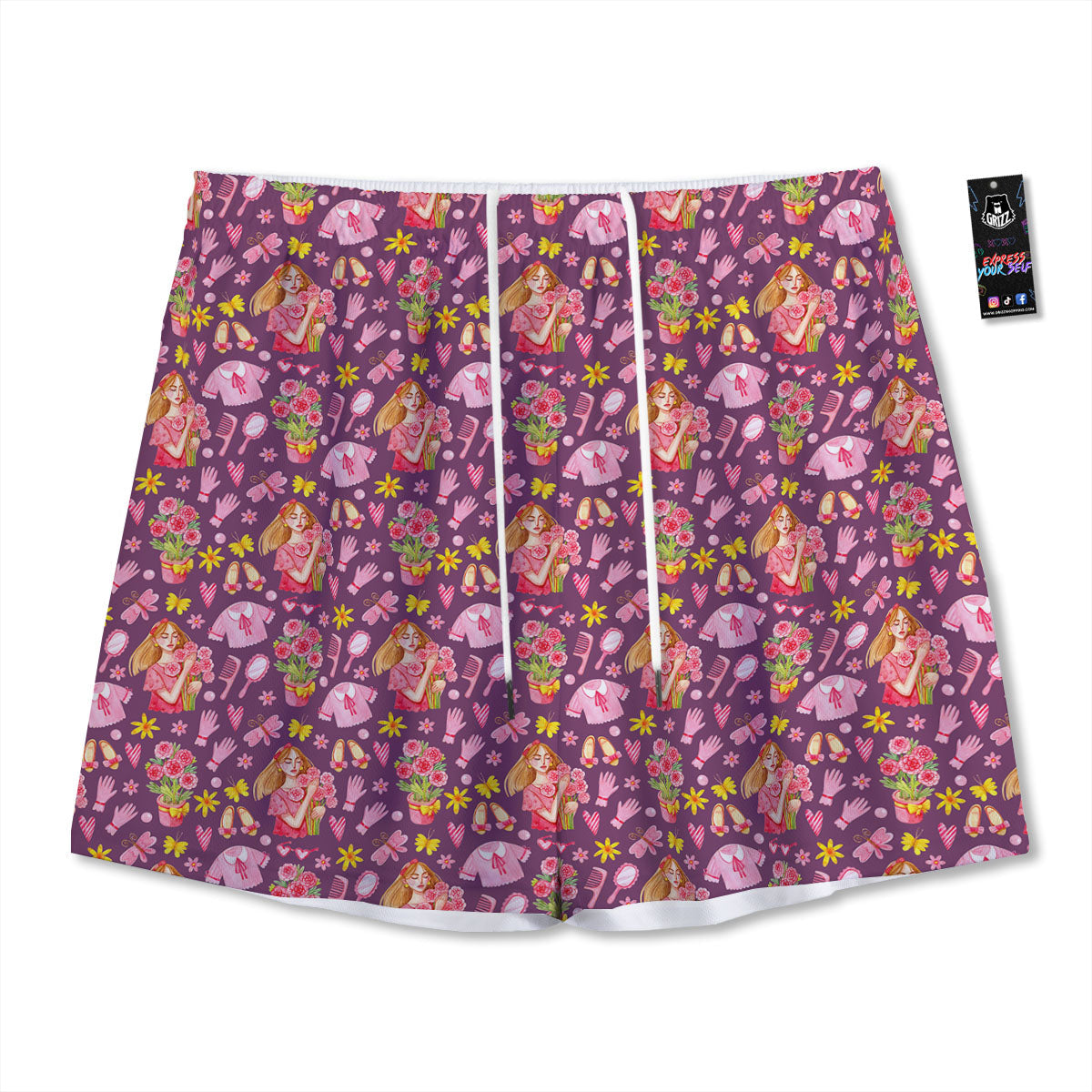 Flower And Girly Print Pattern Mesh Shorts-grizzshop