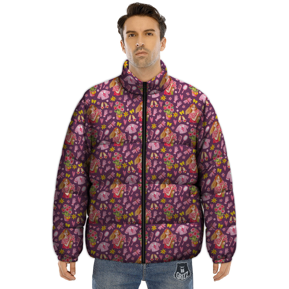 Flower And Girly Print Pattern Puffer Jacket-grizzshop