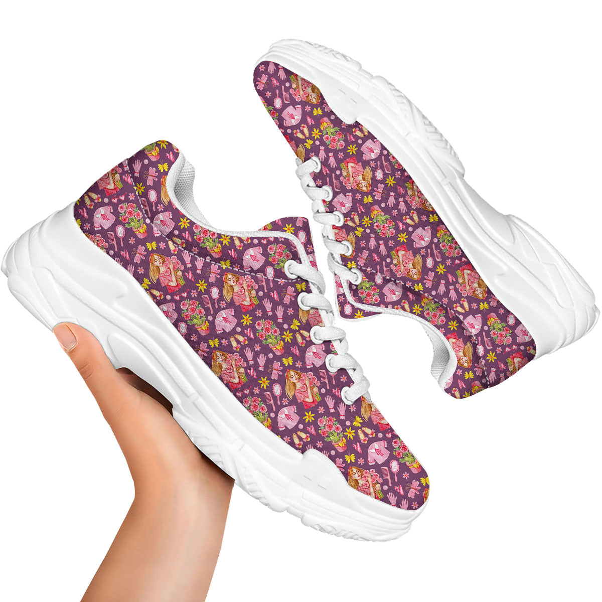 Flower And Girly Print Pattern White Chunky Shoes-grizzshop
