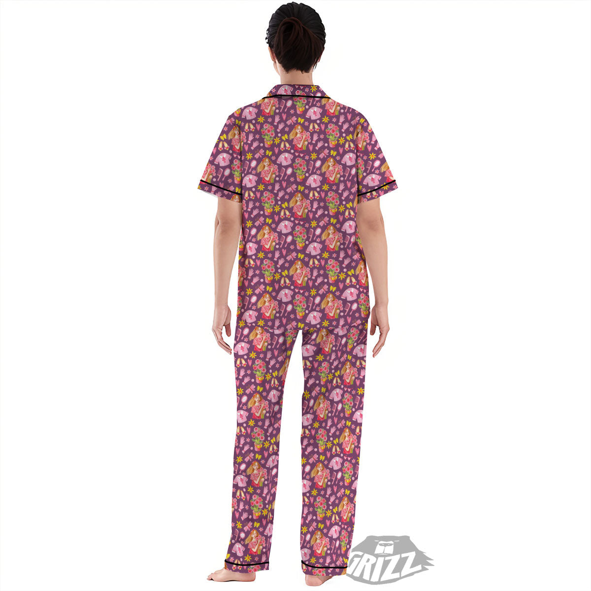 Flower And Girly Print Pattern Women's Pajamas Set-grizzshop