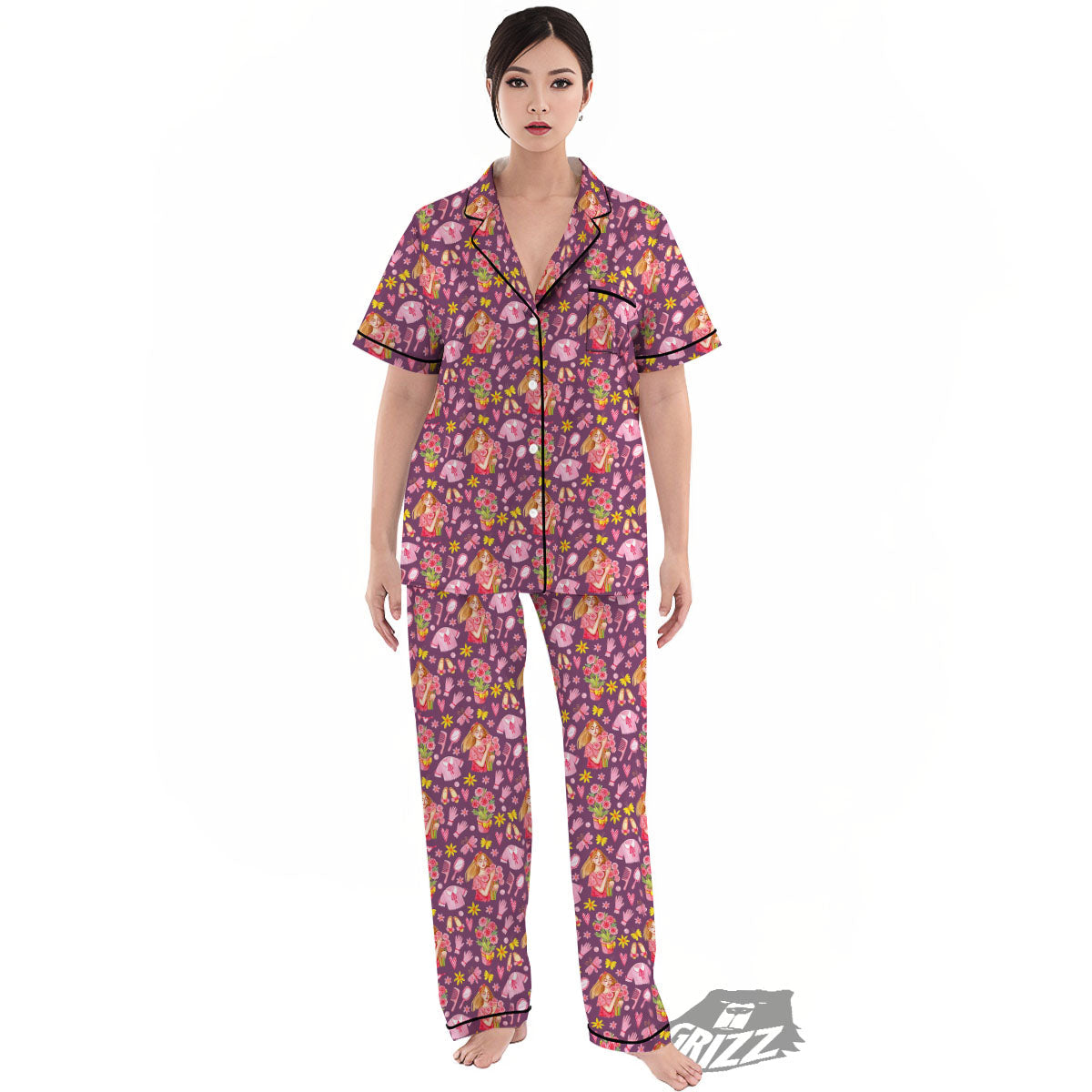 Flower And Girly Print Pattern Women's Pajamas Set-grizzshop