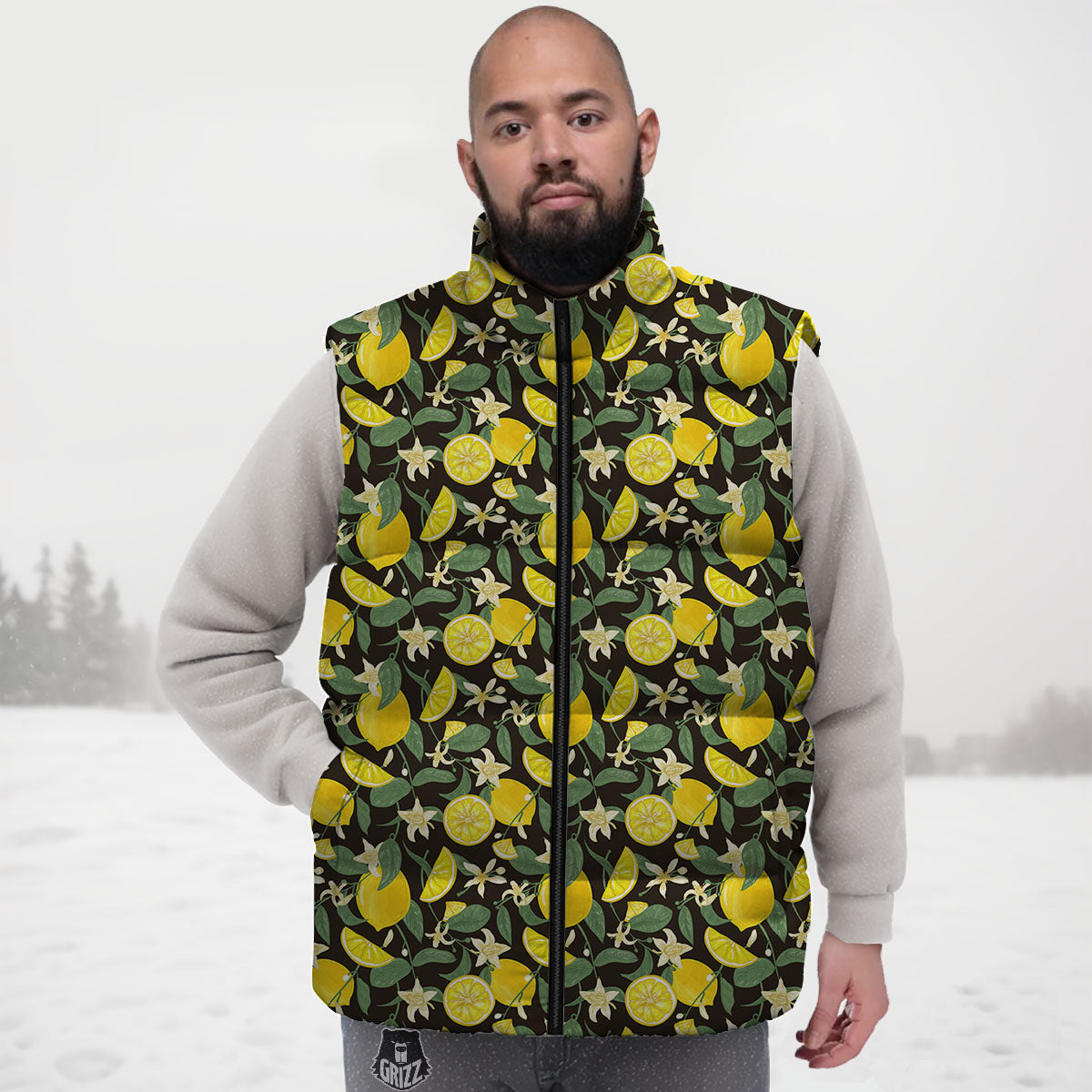 Flower And Lemon Print Pattern Down Vest-grizzshop