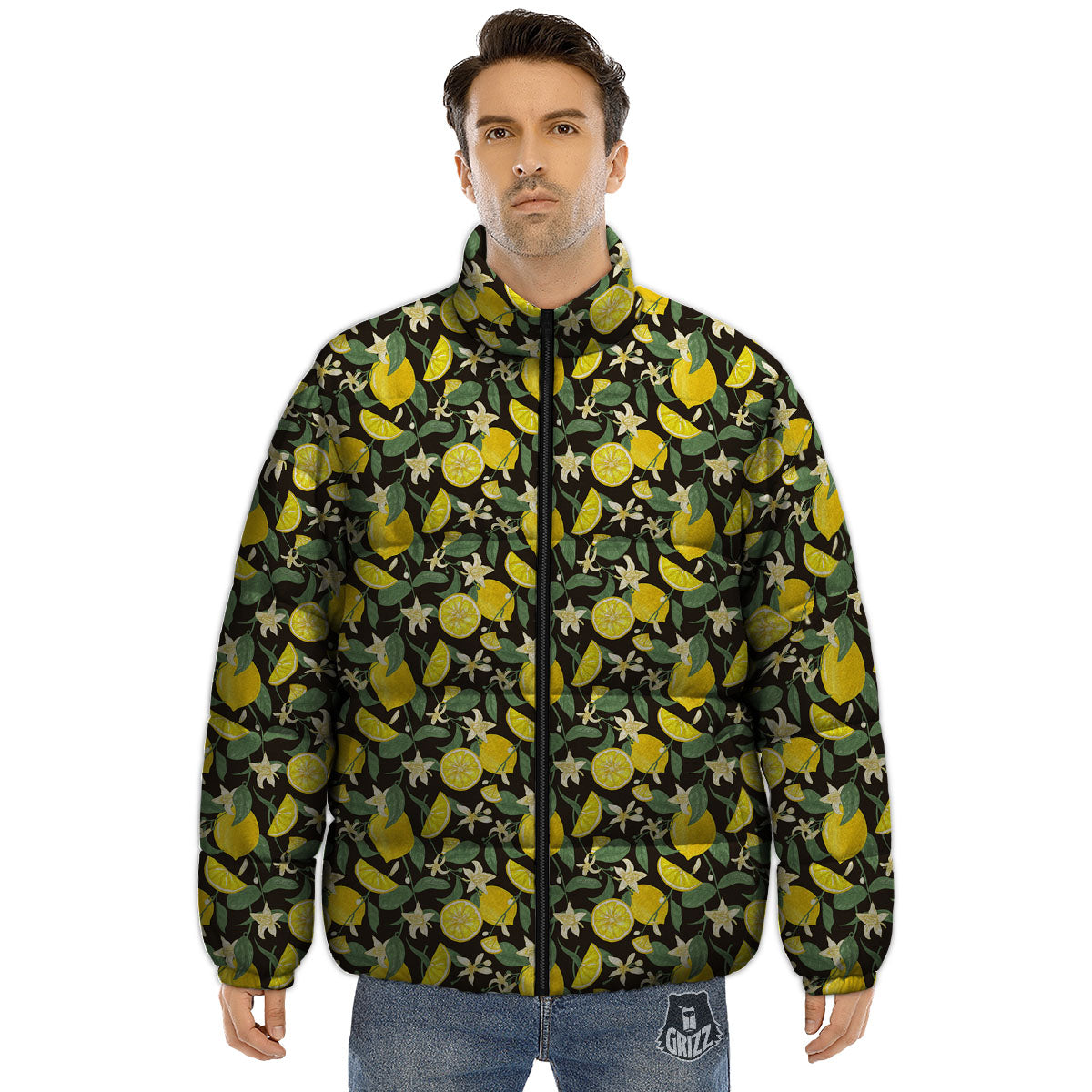 Flower And Lemon Print Pattern Puffer Jacket-grizzshop
