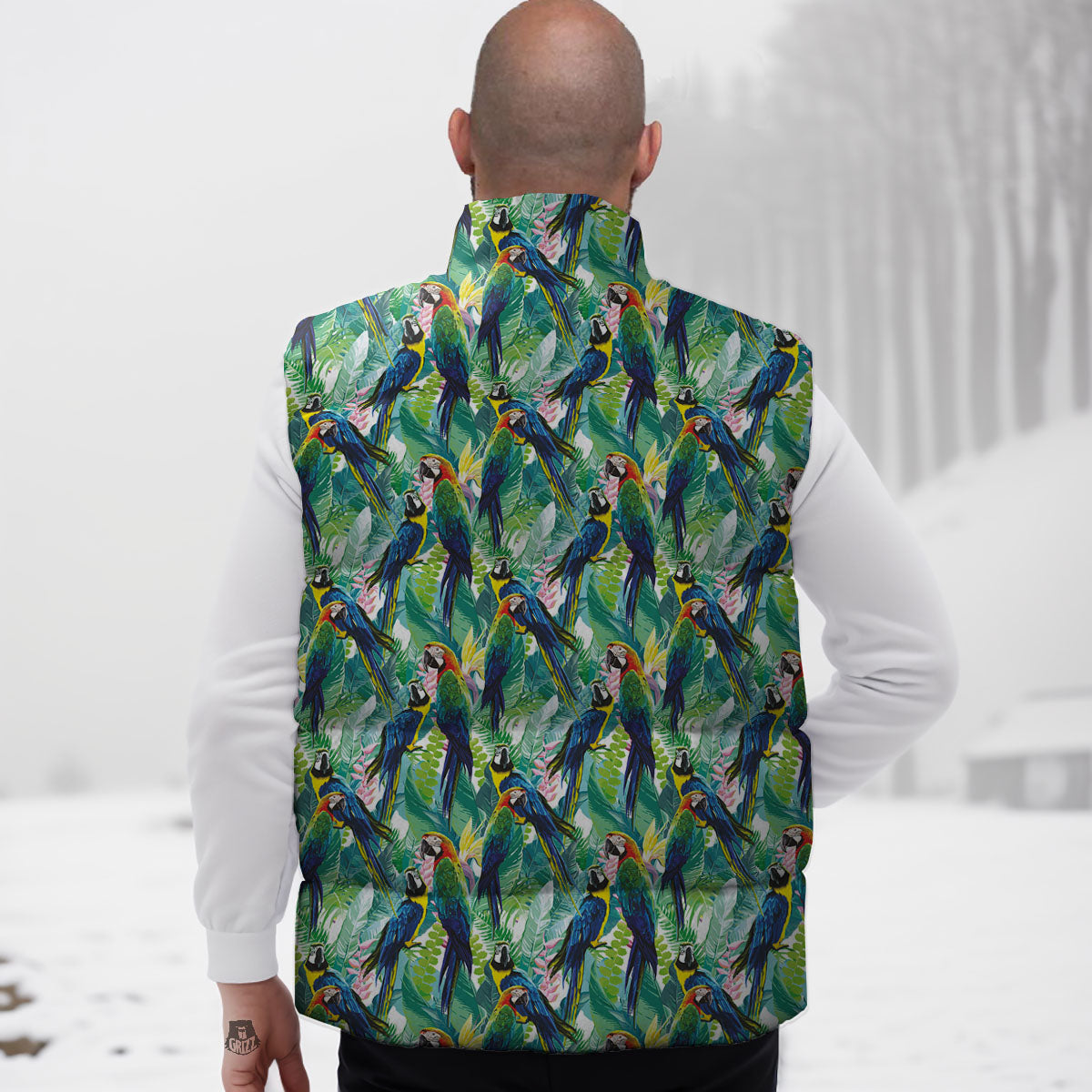Flower And Parrot Print Pattern Down Vest-grizzshop