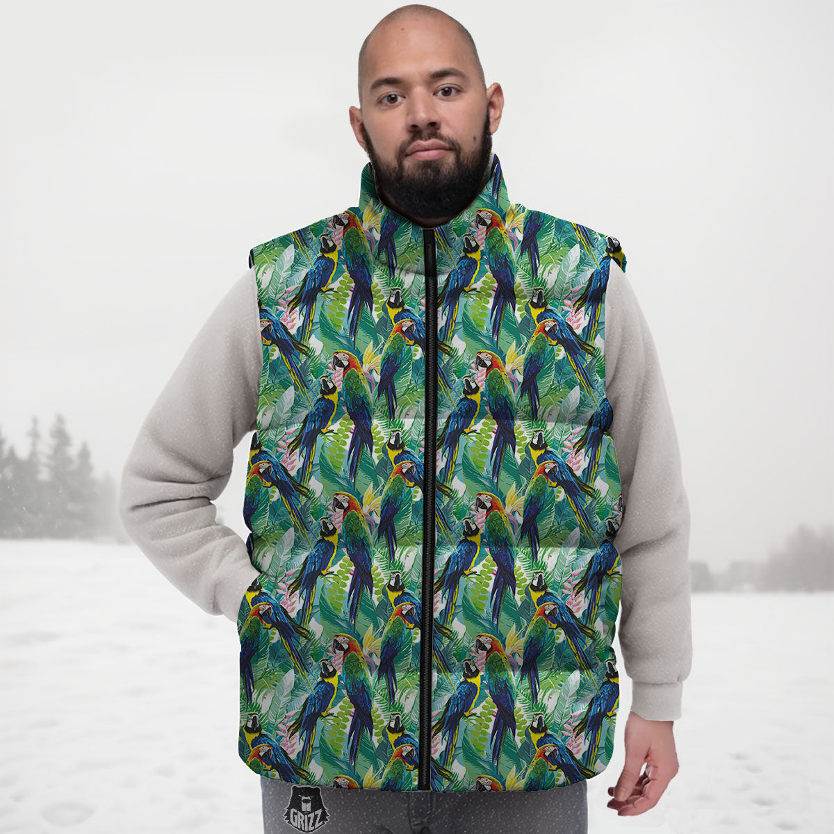 Flower And Parrot Print Pattern Down Vest-grizzshop