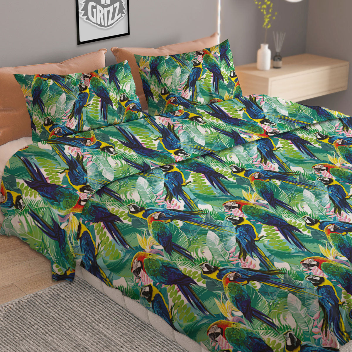 Flower And Parrot Print Pattern Duvet Cover Bedding Set