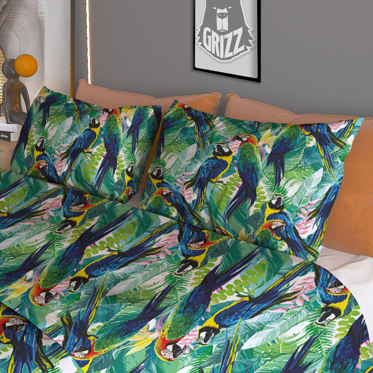 Flower And Parrot Print Pattern Duvet Cover Bedding Set
