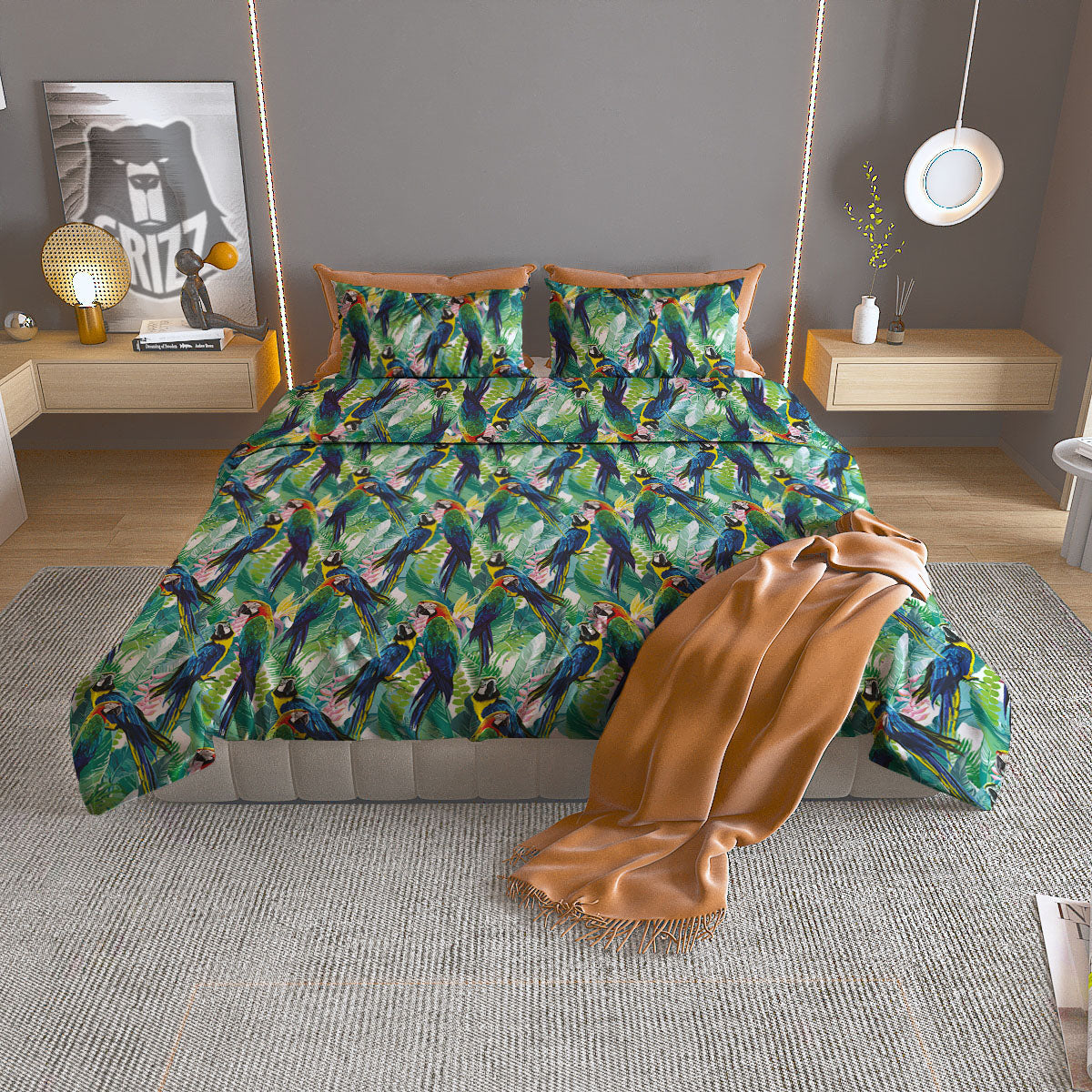 Flower And Parrot Print Pattern Duvet Cover Bedding Set-grizzshop