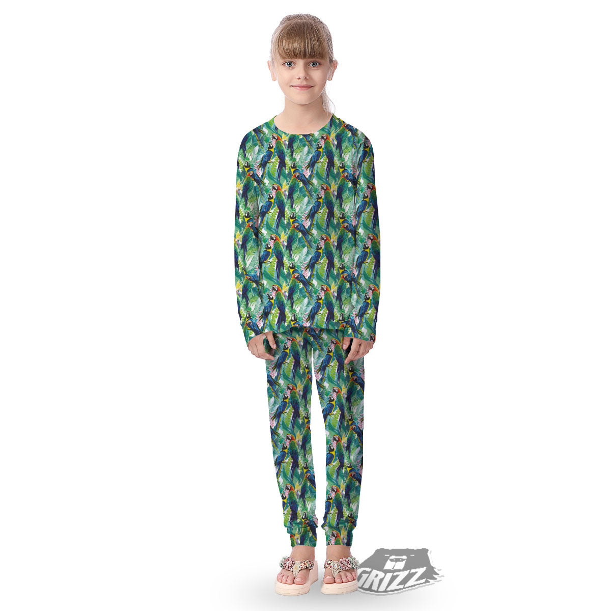 Flower And Parrot Print Pattern Kid's Pajamas-grizzshop