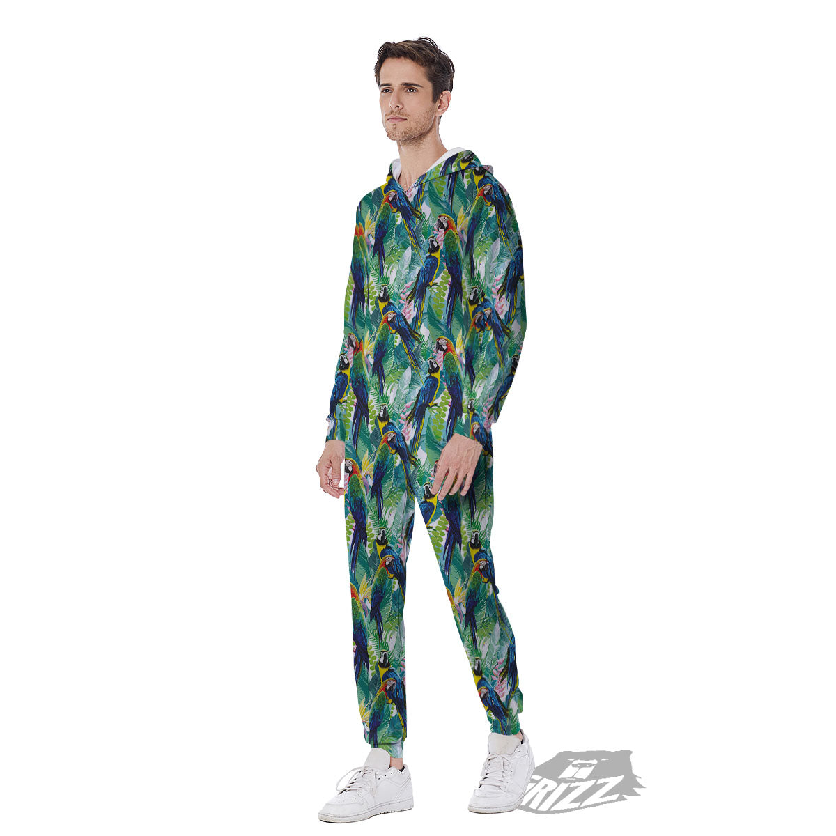 Flower And Parrot Print Pattern Men's Jumpsuit-grizzshop
