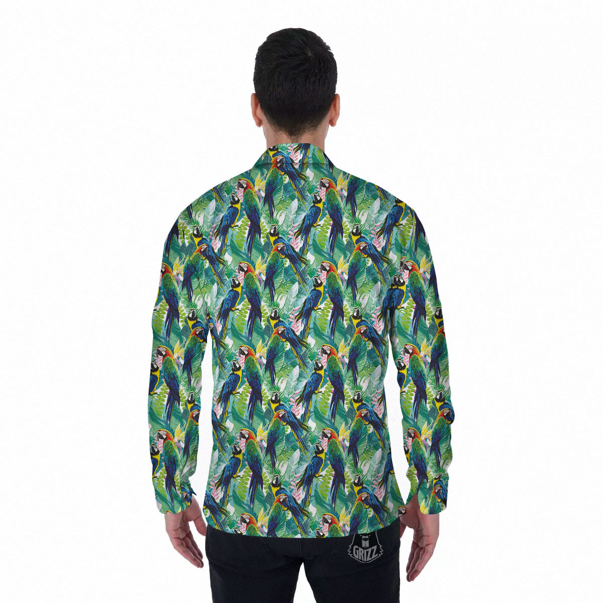 Flower And Parrot Print Pattern Men's Long Sleeve Shirts-grizzshop