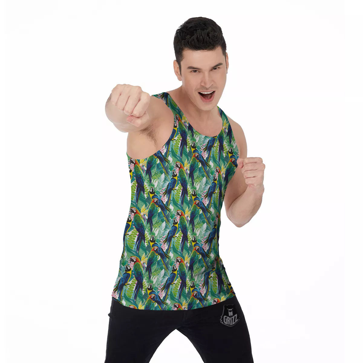 Flower And Parrot Print Pattern Men's Tank Top-grizzshop