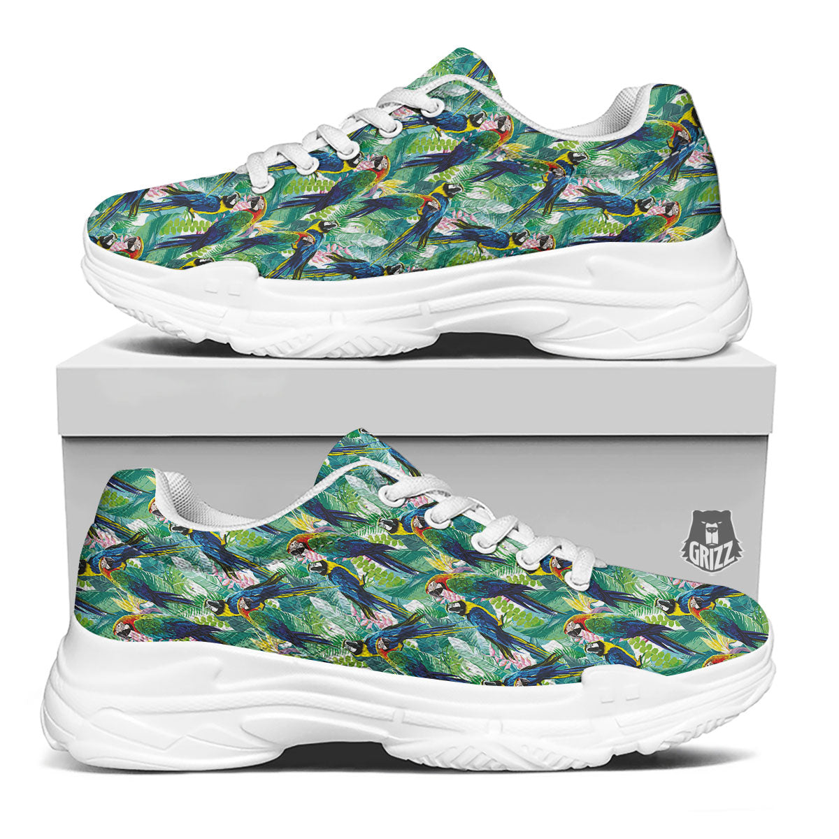 Flower And Parrot Print Pattern White Chunky Shoes-grizzshop