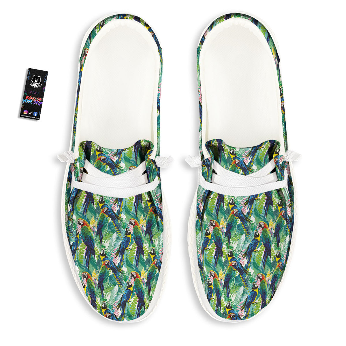 Flower And Parrot Print Pattern White Loafers-grizzshop