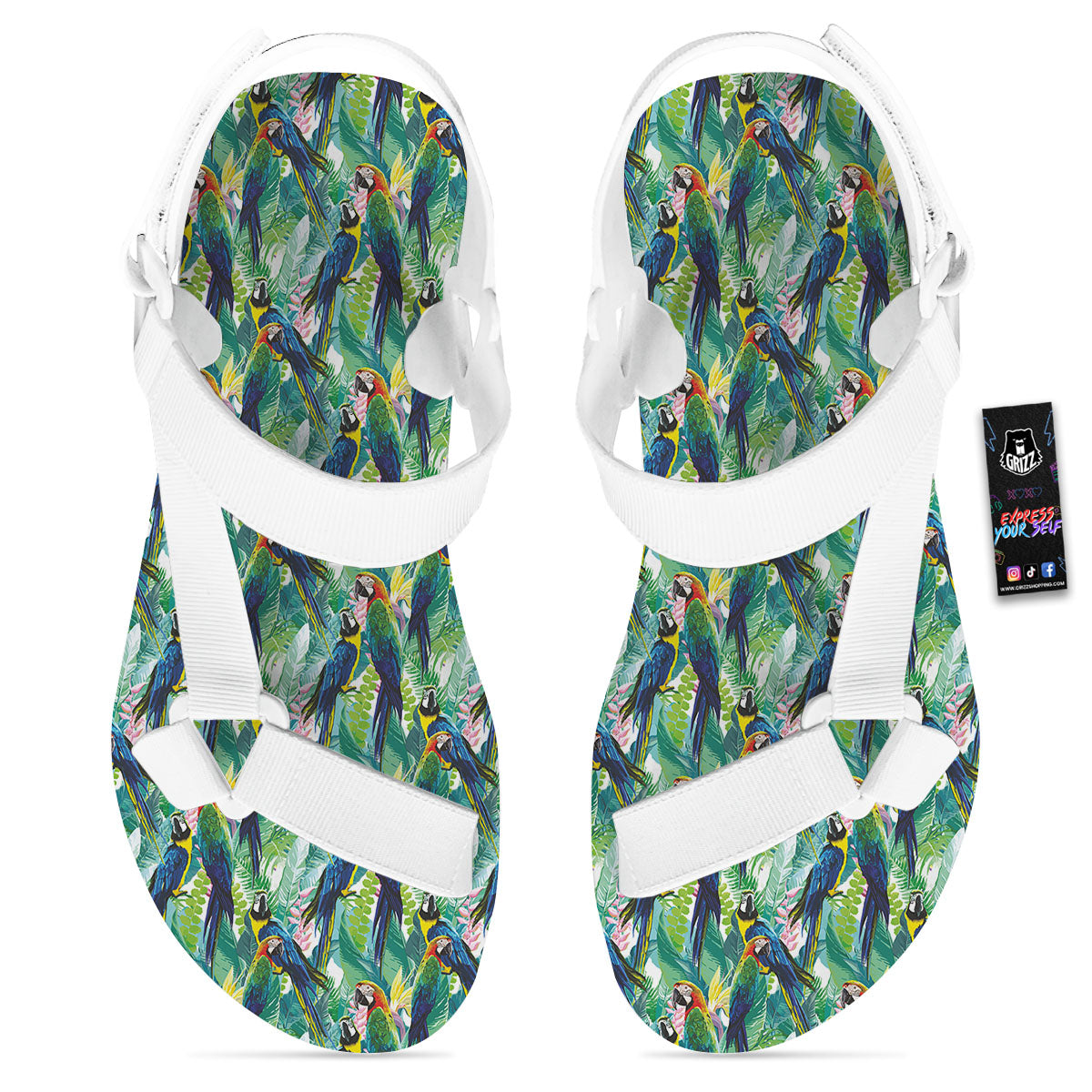 Flower And Parrot Print Pattern White Open Toe Sandals-grizzshop
